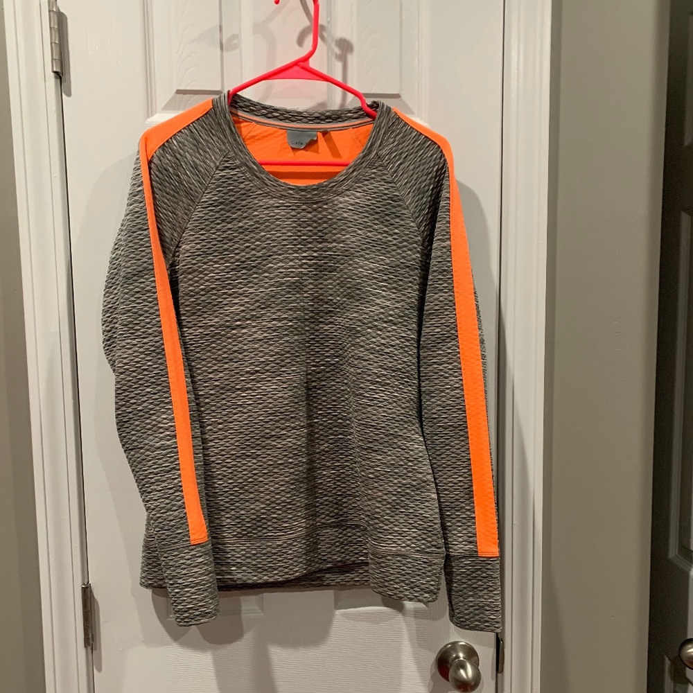 Athleta Snowscape Crew Neck Quilted Sweatshirt Grey with Orange Sz Medium